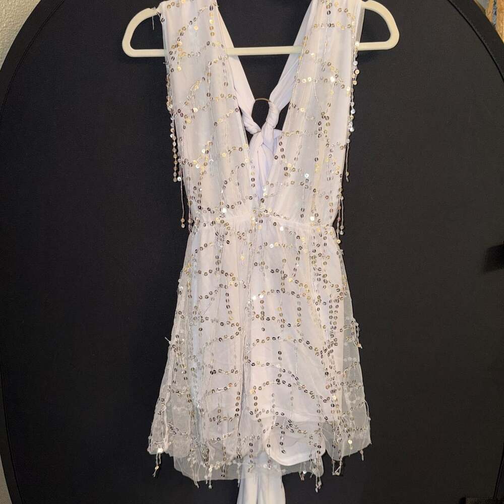 Lucy In The Sky Sequin Romper Size S White Halter Tulle Mini - Picture 2 of 5